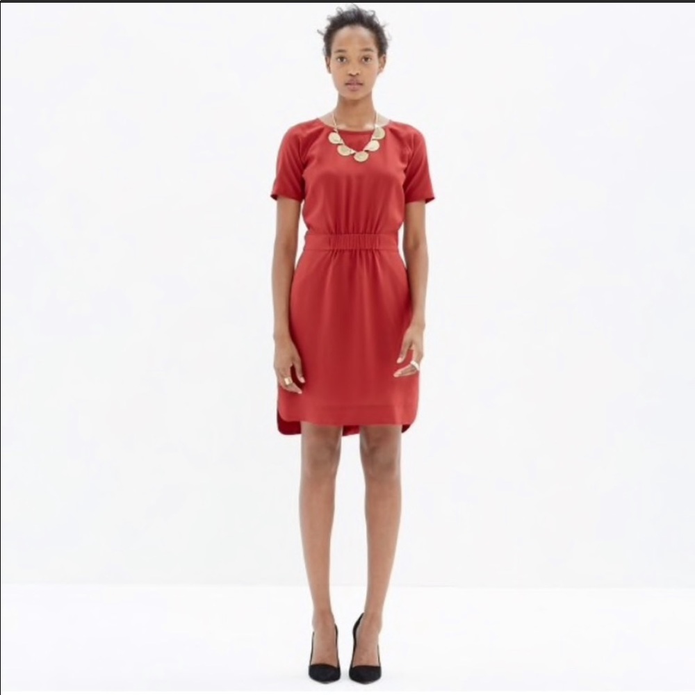Madewell cinch waist brick red silk dress